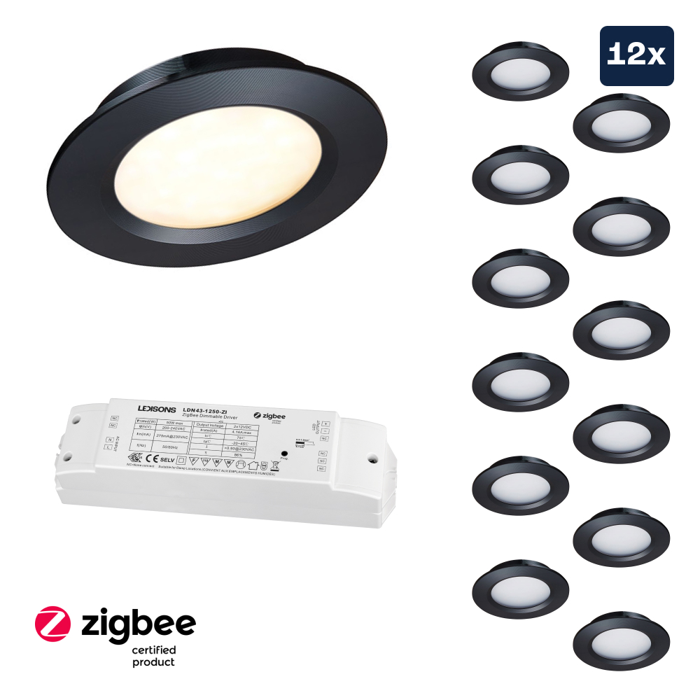 Set LED-inbouwspot Zigbee Modena zwart 3W dimbaar voor plafondmontage