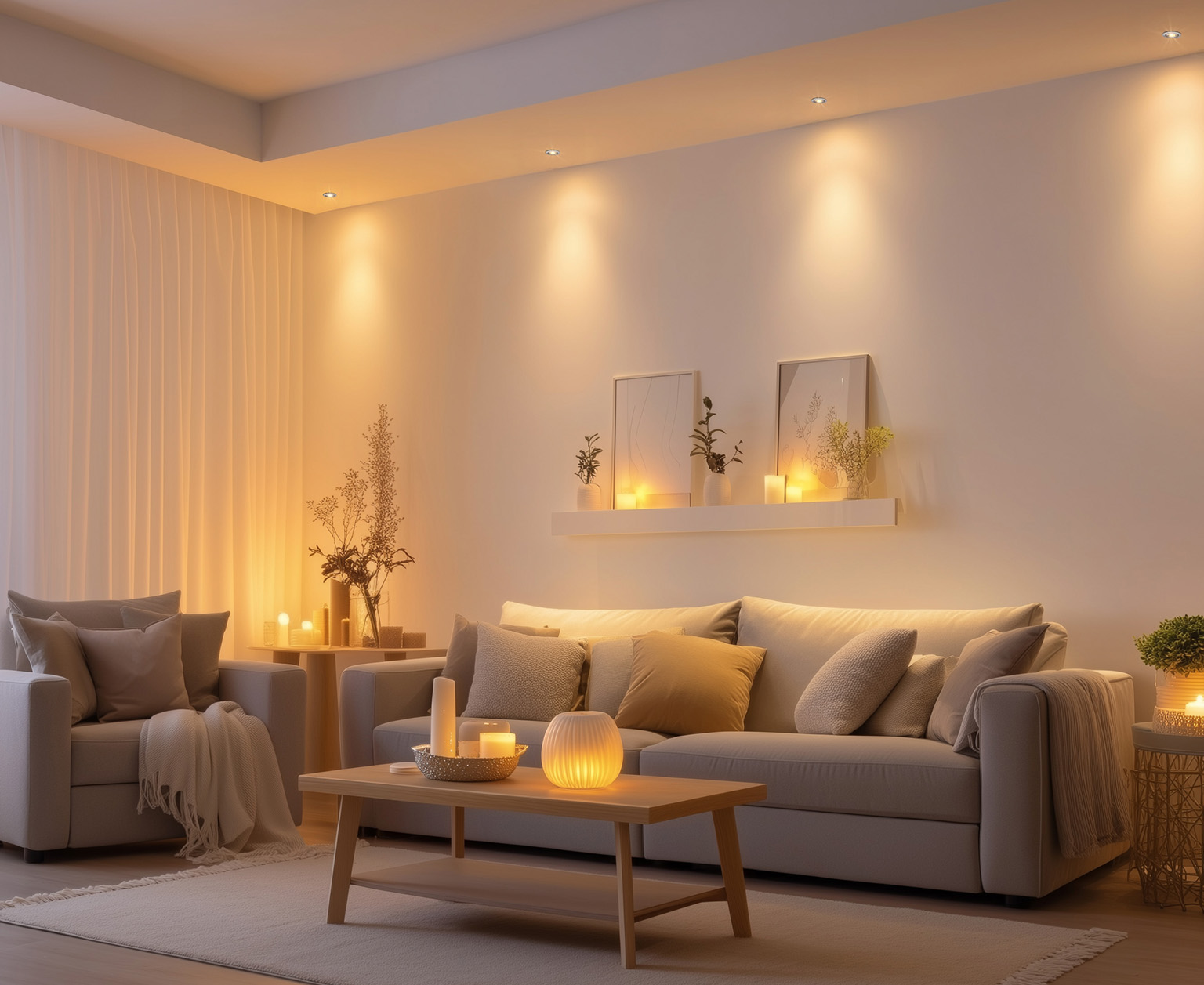 Sfeerverlichting met warm licht van 2700K in een gezellige woonkamer